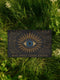 Woven doormat with non-slip backing, featuring a blue evil eye at center surrounded by golden botanical rays and the phrase "May Only Good Enter" along the edge, made of soft 100% polyester chenille with a smooth plush pile, 24x36 inches in size, designed for witchy or spiritual home décor and entry protection.